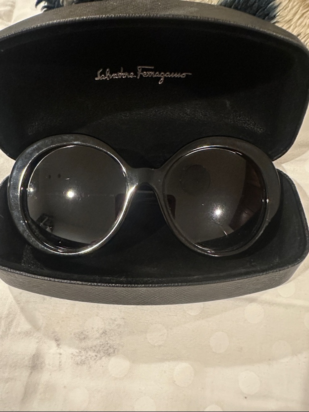 Salvatore Ferragamo Black Round Oversized Sunglasses with Dark Lenses